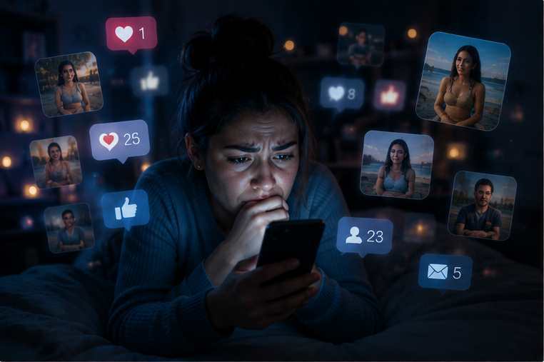 Persona con ansiedad por redes sociales comparando su vida con otros, terapia psicologica en Lima