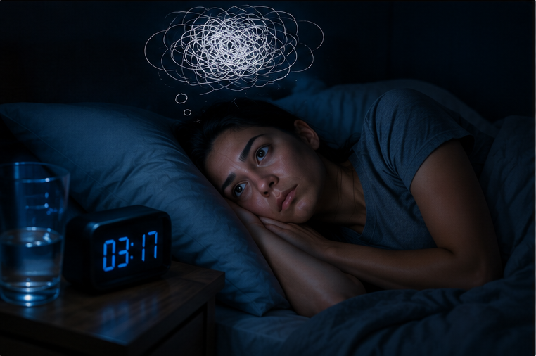 Persona con insomnio por ansiedad mirando el techo de madrugada, terapia psicologica en Santa Anita