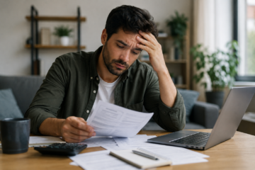 Persona preocupada por ansiedad financiera en sus 20 y 30 años, mostrando cómo el dinero afecta la salud mental