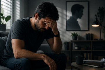 Hombre adulto con expresión de agotamiento y estrés, representando la salud mental masculina