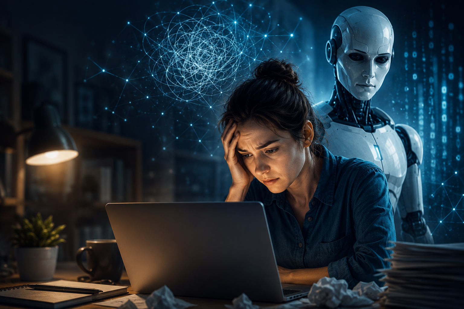 Mujer con expresión de ansiedad junto a una figura robótica de inteligencia artificial, representando el tecnoestrés laboral