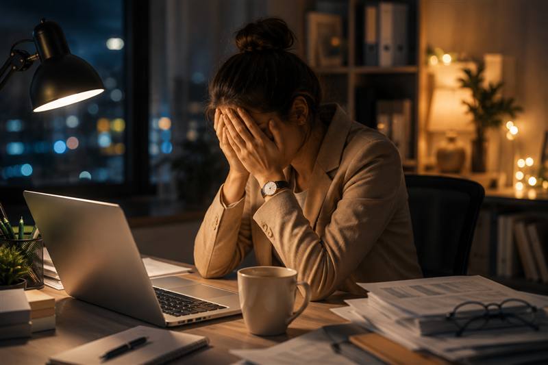 Persona con burnout laboral en su escritorio, necesita ayuda psicológica en Santa Anita
